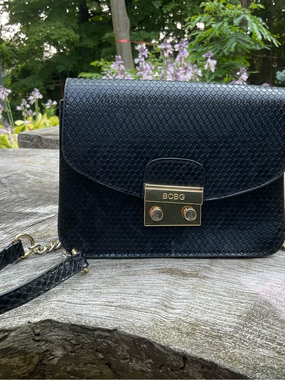 BCBG Small Black Textured Crossbody Bag with Gold Hardware